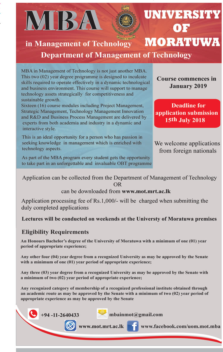 MBA in Management of Technology - Department of Management of Technology - University of Moratuwa